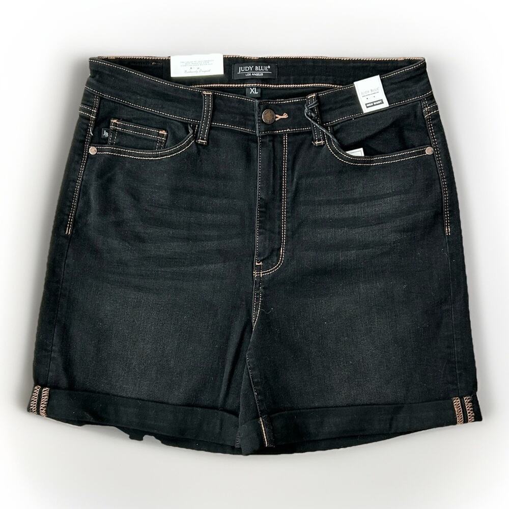 NEW Judy Blue Veronica High Rise Mid Thigh Shorts Women Size XL Black Stretch